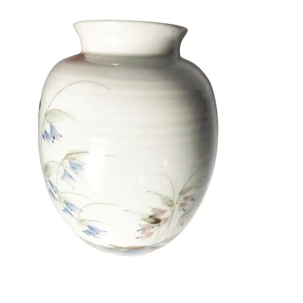 Studio Pottery 80s Signed Vase Beige Blue Mauve Floral